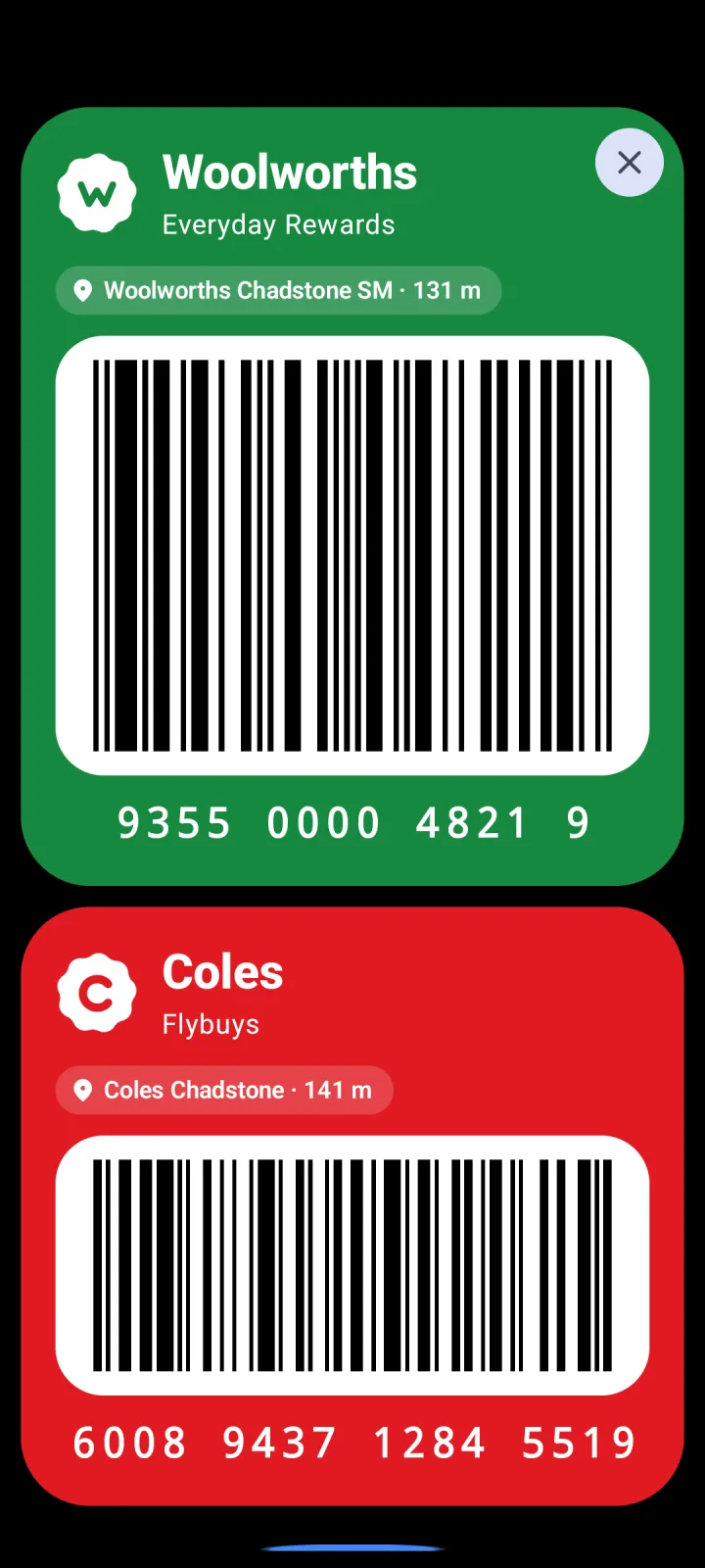 LoyalMe showing a Woolworths Everyday Rewards card and a Coles Flybuys card full screen, each with a large barcode