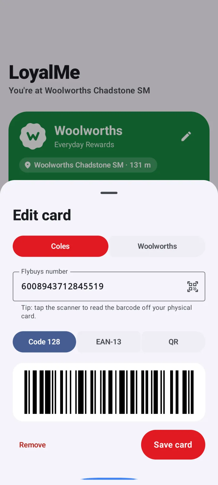 The edit card sheet with a Flybuys number, barcode format choices and a preview barcode