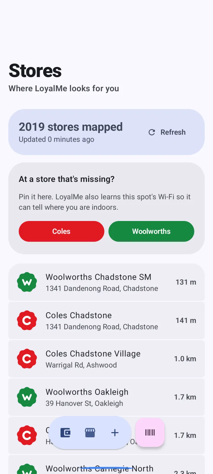 The stores screen: 2019 stores mapped, a prompt to pin a missing store, and nearby stores with distances