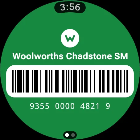 A Wear OS watch showing the Woolworths card barcode