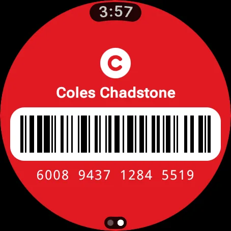 Wear OS watch showing the Coles card, the second page of the card pager